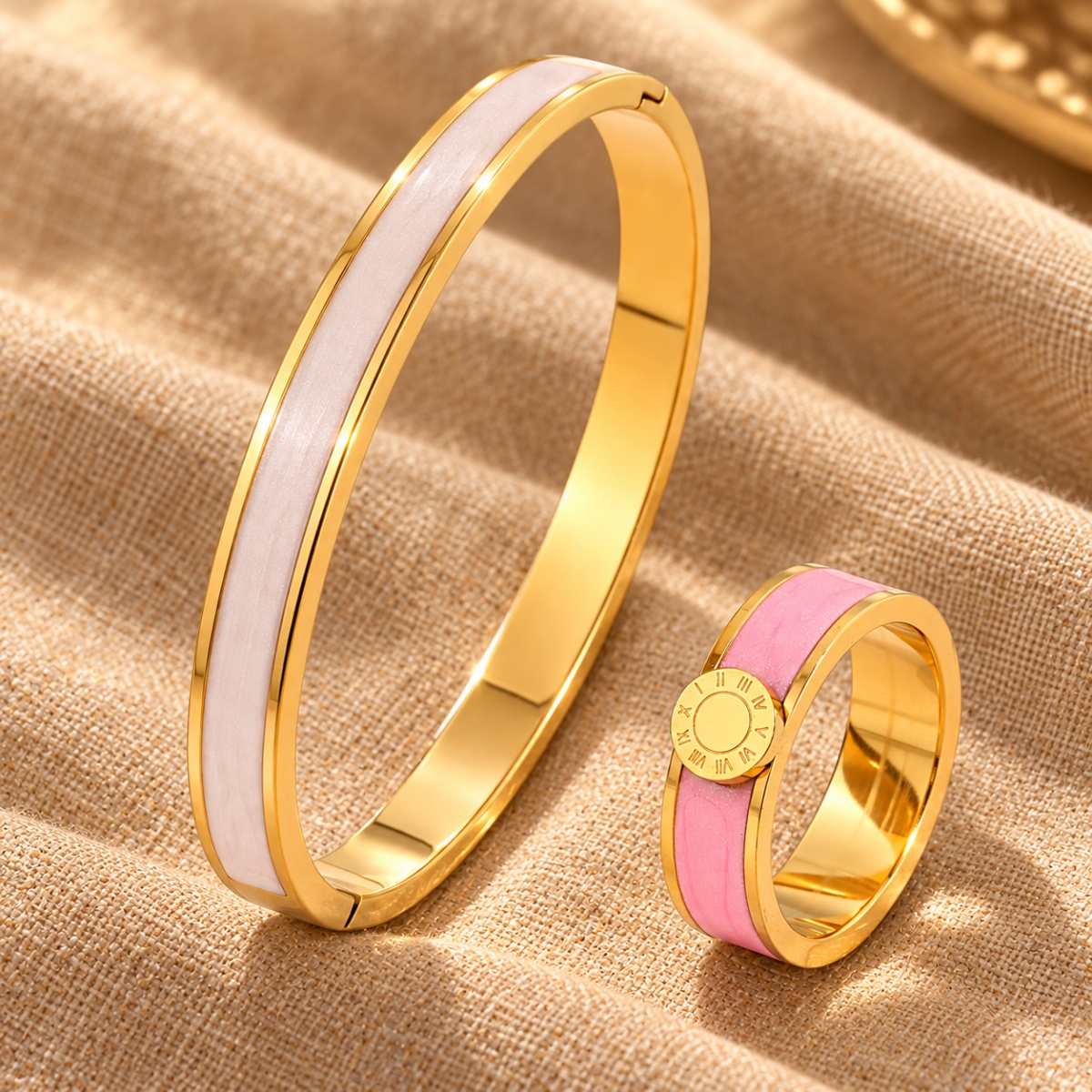 2pc Women's Iridescent Inlay Bangle & Roman Numeral Ring Set